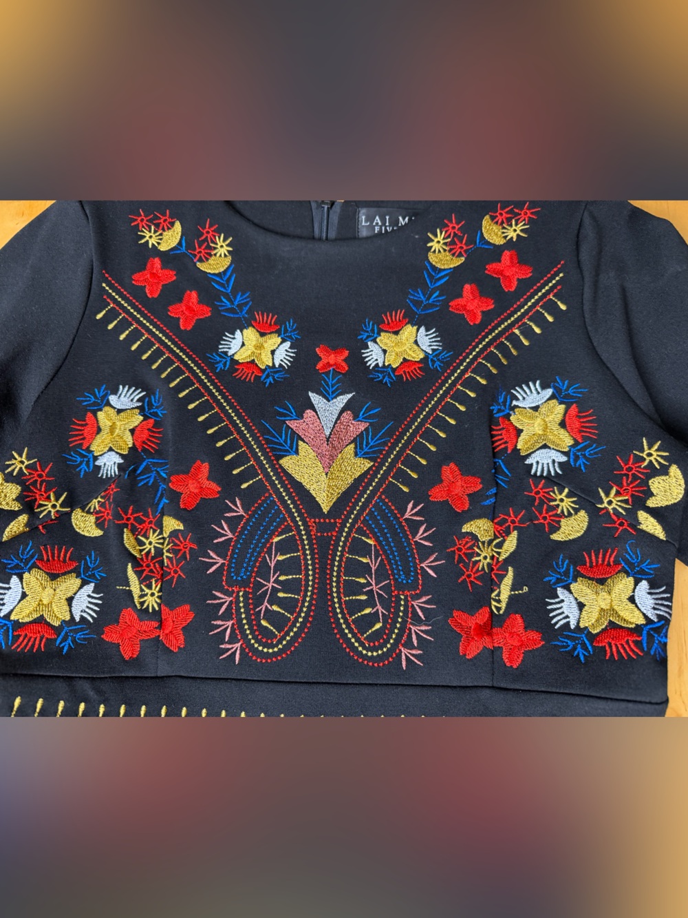 Lai Meng Five Cats Black Embroidered Folk Floral Fit and Flare Dress Sz S - Picture 7 of 13